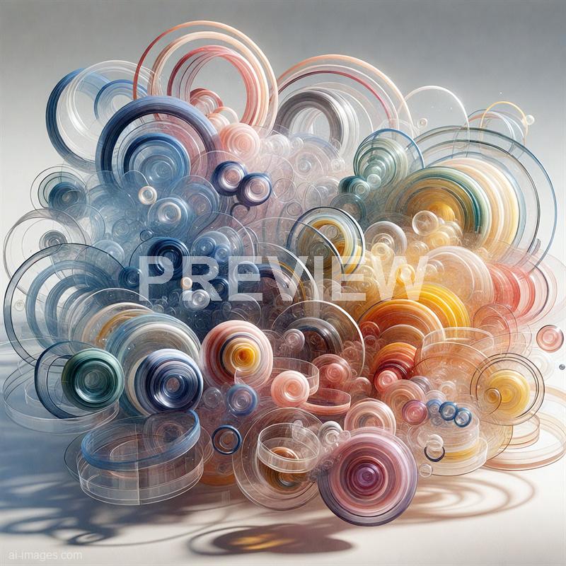 The image features an intricate and colorful arrangement of transparent, concentric circular structures that resemble abstract spirals or bubbles. These delicate, glass-like formations overlap and intertwine, creating a sense of depth and complexity, with colors ranging from soft pastels like pink, peach, and light blue to darker shades such as navy and forest green. The background is a plain, neutral gradient, which enhances the visual prominence of the swirling, layered circles and their subtle shadows on the surface below.